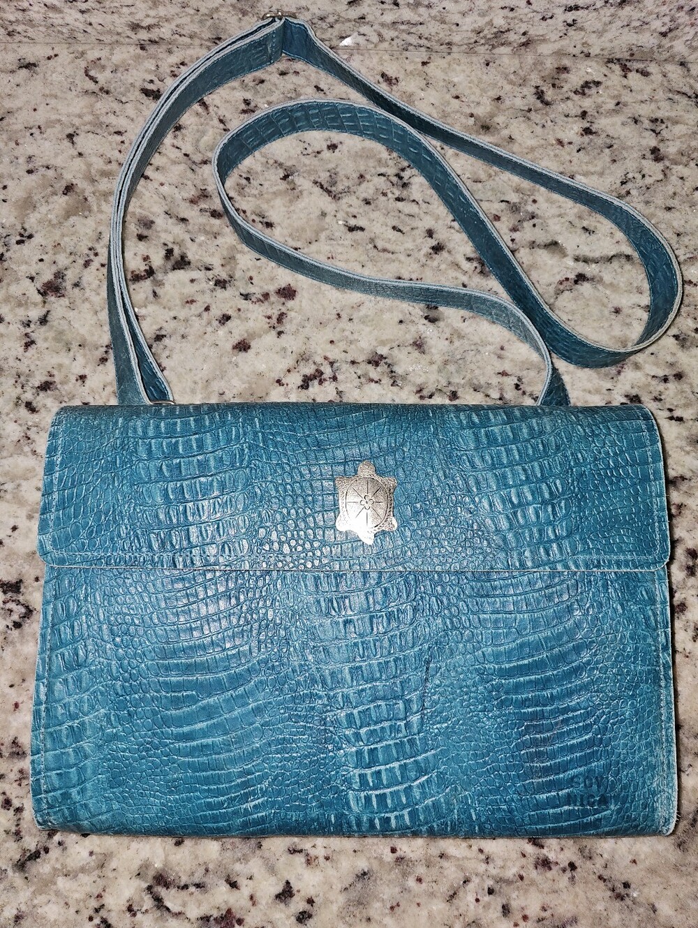 Soy Nica Turquoise Croc Embossed Leather Turtle Emblem Flap Crossbody